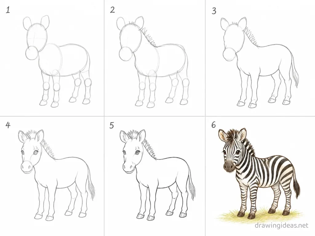 How to draw a zebra step by step — 6-step zebra drawing tutorial grid