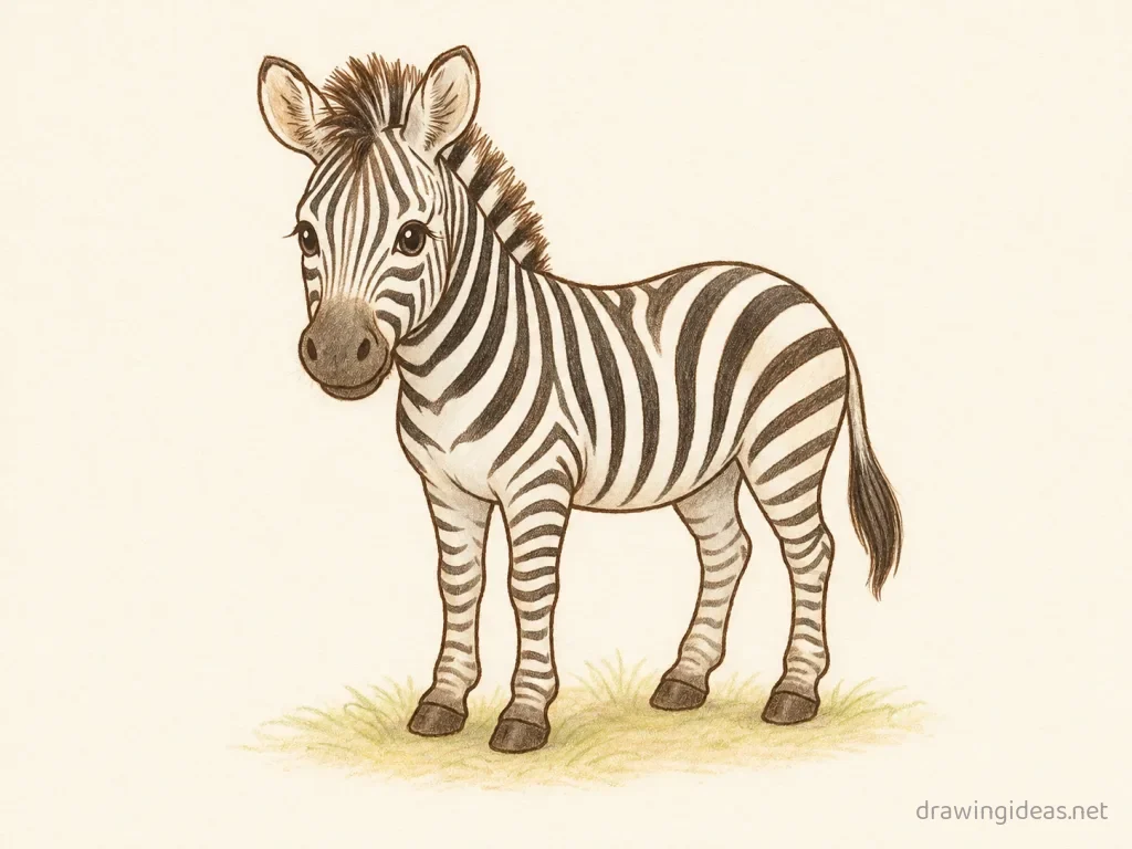 Zebra drawing — hand-drawn zebra illustration with ink lines and soft colors