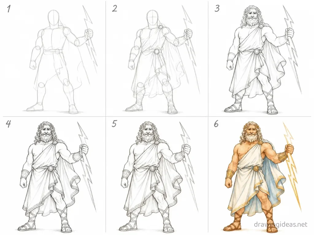 How to draw Zeus step by step — 6-step Zeus drawing tutorial grid