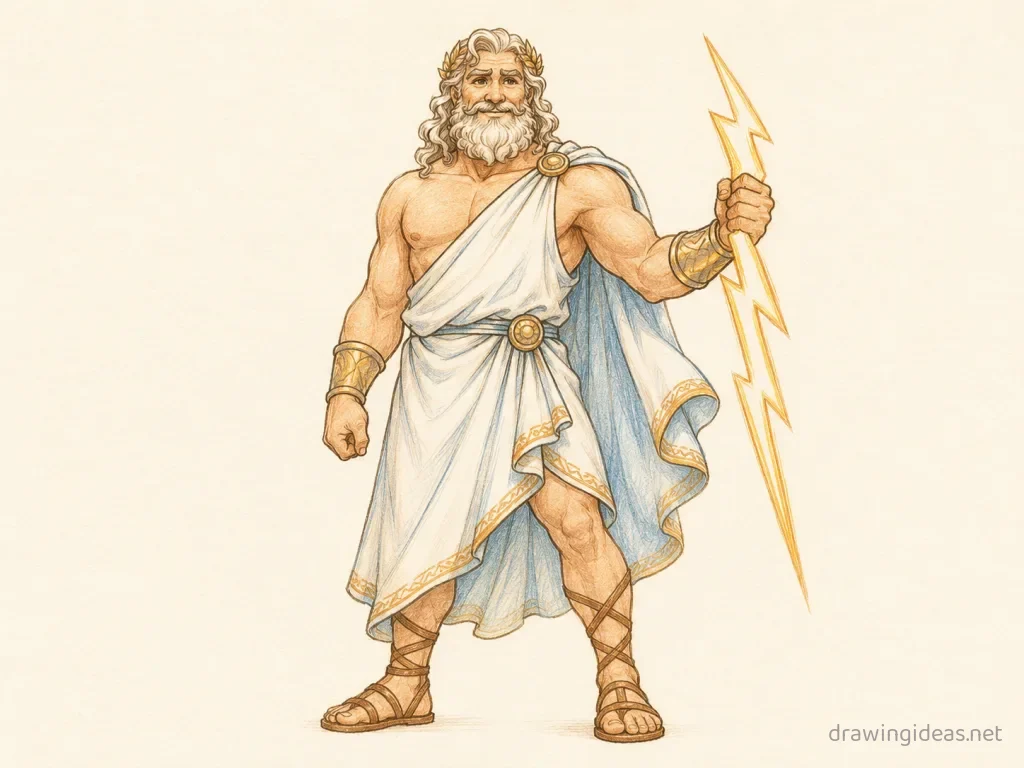 Zeus drawing — hand-drawn Zeus illustration with ink lines and soft colors