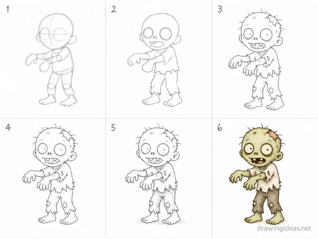 How to draw a zombie step by step — 6-step zombie drawing tutorial grid