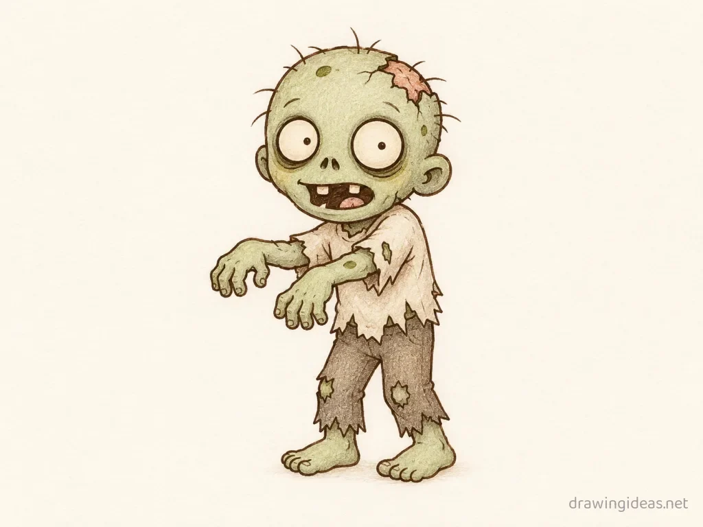 Zombie drawing — hand-drawn zombie illustration with ink lines and soft colors