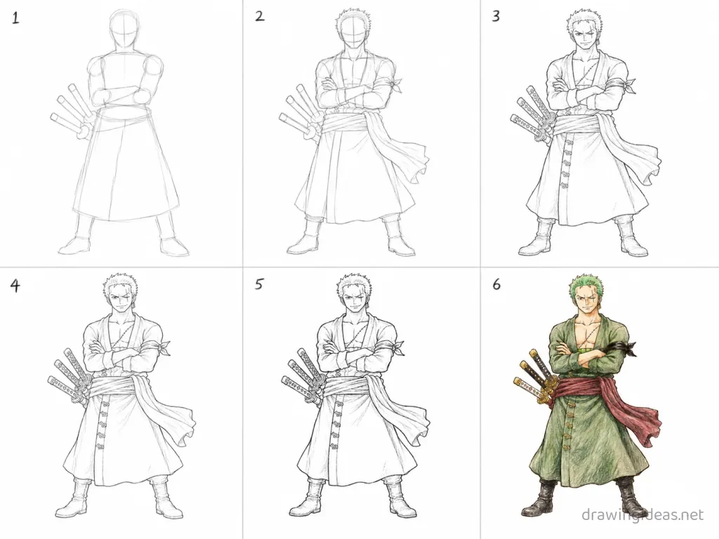 How to draw Zoro step by step — 6-step Zoro drawing tutorial grid