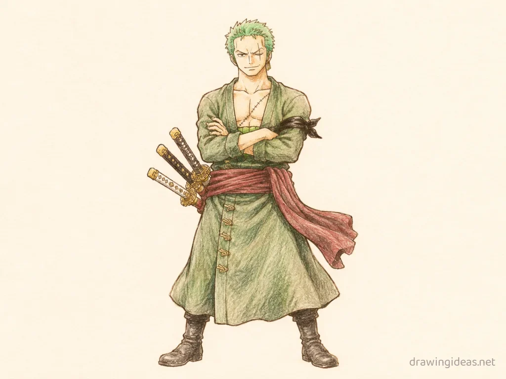 Zoro drawing — hand-drawn Zoro illustration with ink lines and soft colors